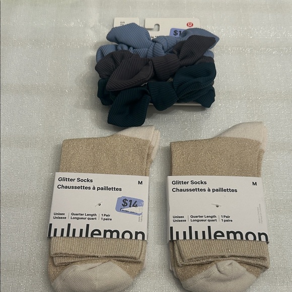 lululemon athletica Accessories - lululemon athletica Gold Glitter Socks and 3 pack scrunchie set BNWT